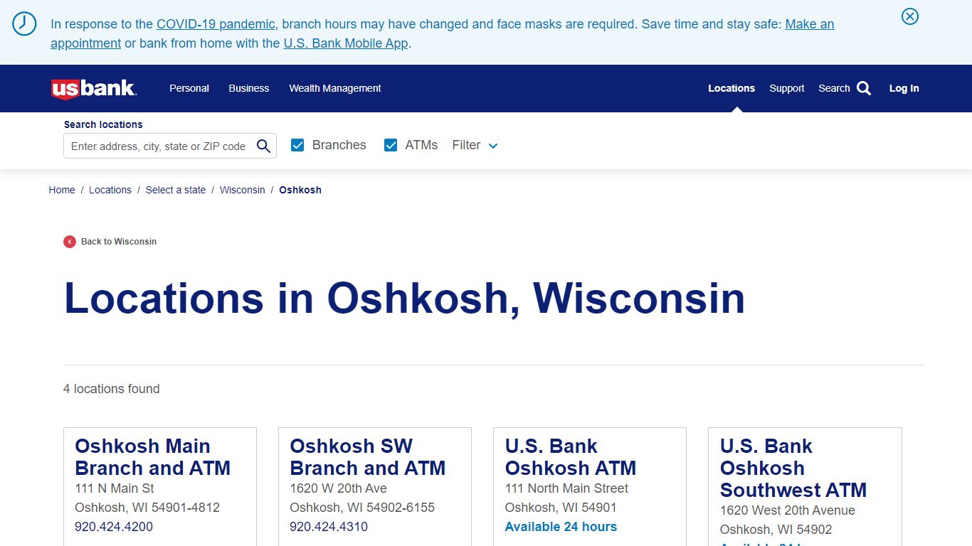 Bank & ATM’s in Oshkosh Area | US Bank