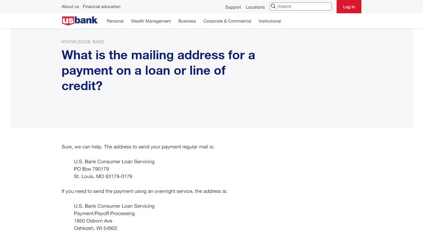 What is the mailing address for a payment on a loan or line ... - U.S. Bank